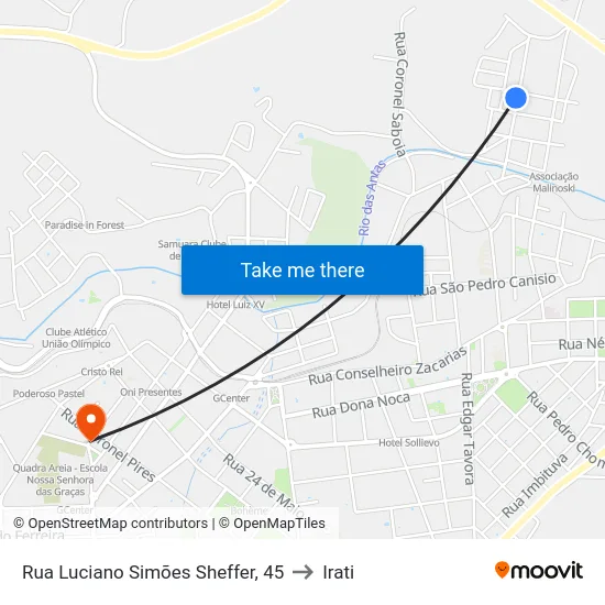 Rua Luciano Simões Sheffer, 45 to Irati map