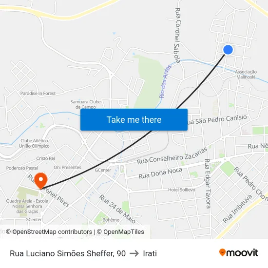 Rua Luciano Simões Sheffer, 90 to Irati map