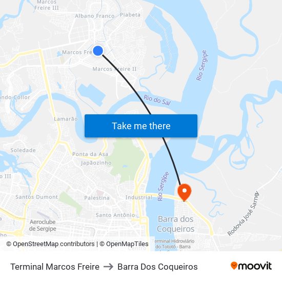 Terminal Marcos Freire to Barra Dos Coqueiros map