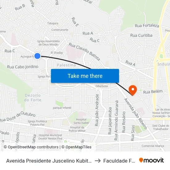 Avenida Presidente Juscelino Kubitscheck, 145 to Faculdade Fanese map