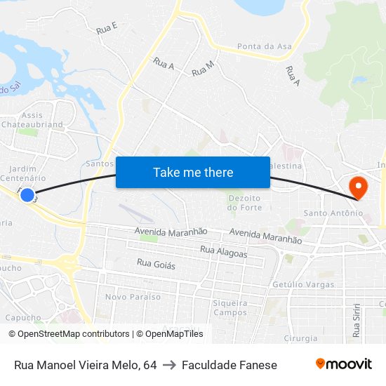 Rua Manoel Vieira Melo, 64 to Faculdade Fanese map