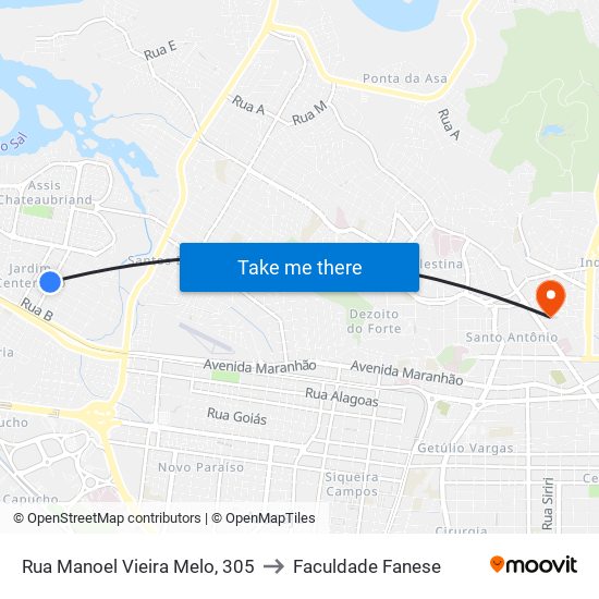 Rua Manoel Vieira Melo, 305 to Faculdade Fanese map