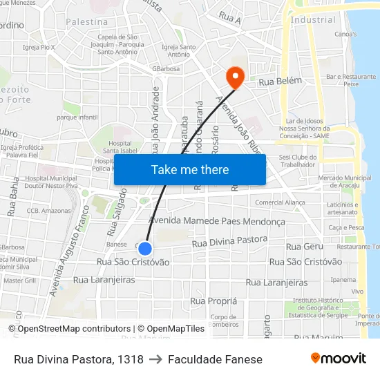 Rua Divina Pastora, 1318 to Faculdade Fanese map