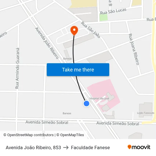 Avenida João Ribeiro, 853 to Faculdade Fanese map