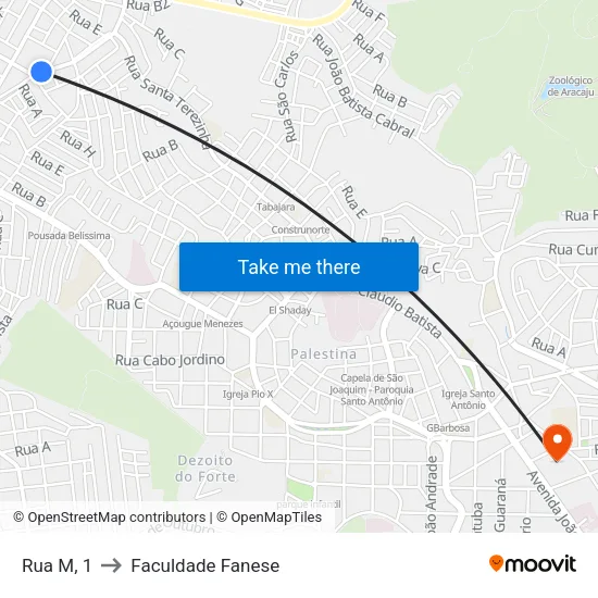 Rua M, 1 to Faculdade Fanese map