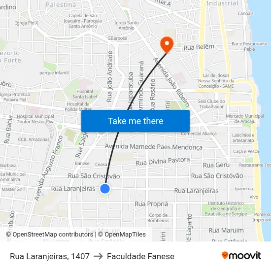 Rua Laranjeiras, 1407 to Faculdade Fanese map