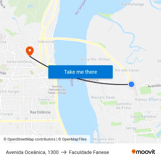 Avenida Oceânica, 1300 to Faculdade Fanese map