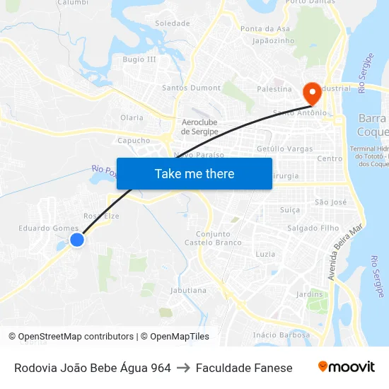 Rodovia João Bebe Água 964 to Faculdade Fanese map