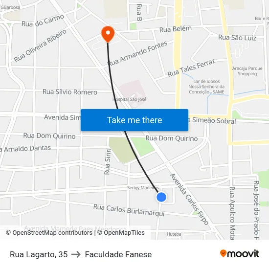 Rua Lagarto, 35 to Faculdade Fanese map