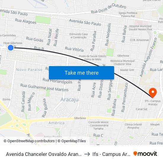 Avenida Chanceler Osvaldo Aranha, 1020 to Ifs - Campus Aracaju map