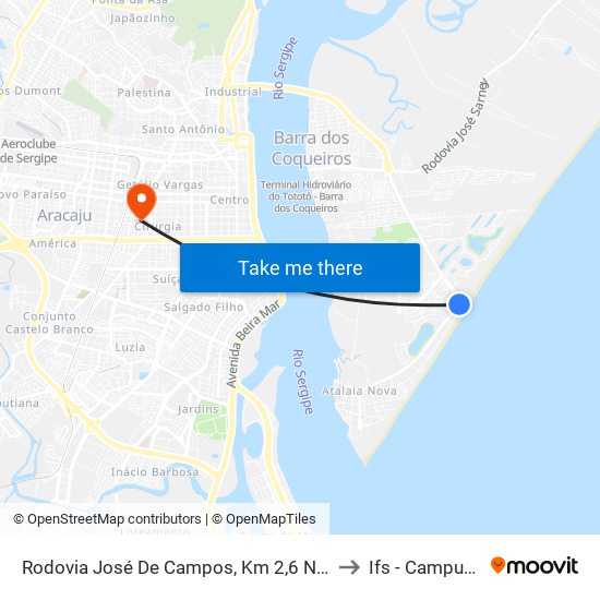 Rodovia José De Campos, Km 2,6 Norte | Praia Da Costa to Ifs - Campus Aracaju map