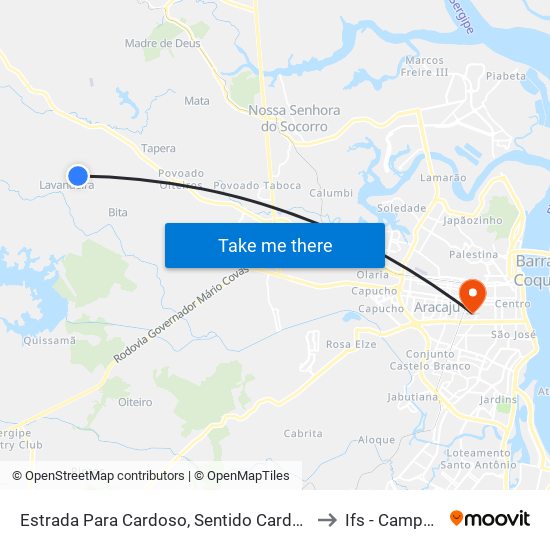 Estrada Para Cardoso, Sentido Cardoso | Povoado Lavandeira to Ifs - Campus Aracaju map