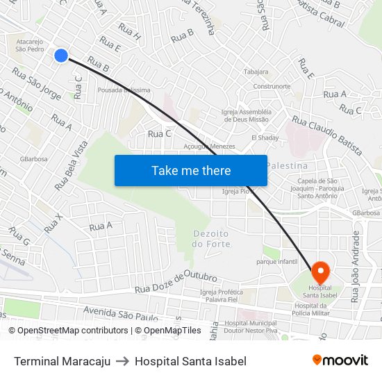 Terminal Maracaju to Hospital Santa Isabel map