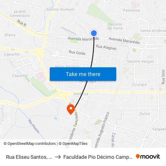 Rua Eliseu Santos, 140 to Faculdade Pio Décimo Campus III map