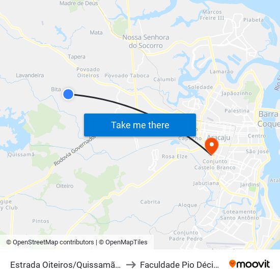 Estrada Oiteiros/Quissamã, Sentido Oiteiros to Faculdade Pio Décimo Campus III map