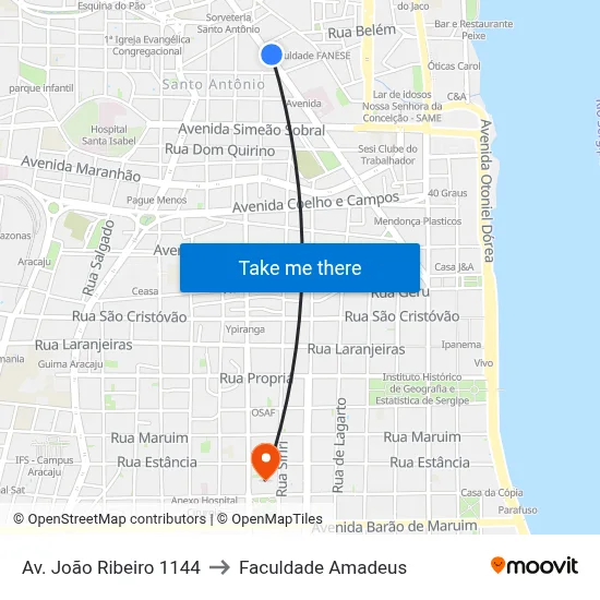 Av. João Ribeiro 1144 to Faculdade Amadeus map