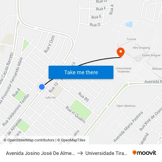 Avenida Josino José De Almeida, 773 to Universidade Tiradentes map