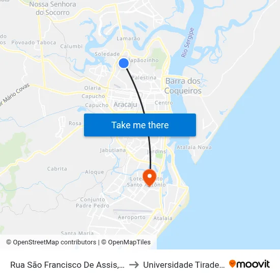 Rua São Francisco De Assis, 1601 to Universidade Tiradentes map
