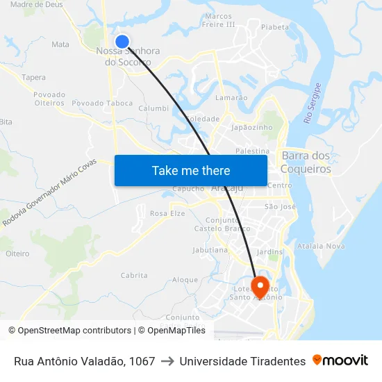 Rua Antônio Valadão, 1067 to Universidade Tiradentes map