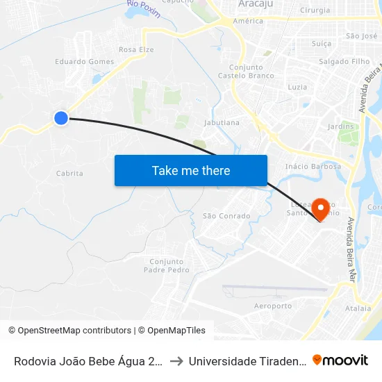 Rodovia João Bebe Água 2271 to Universidade Tiradentes map