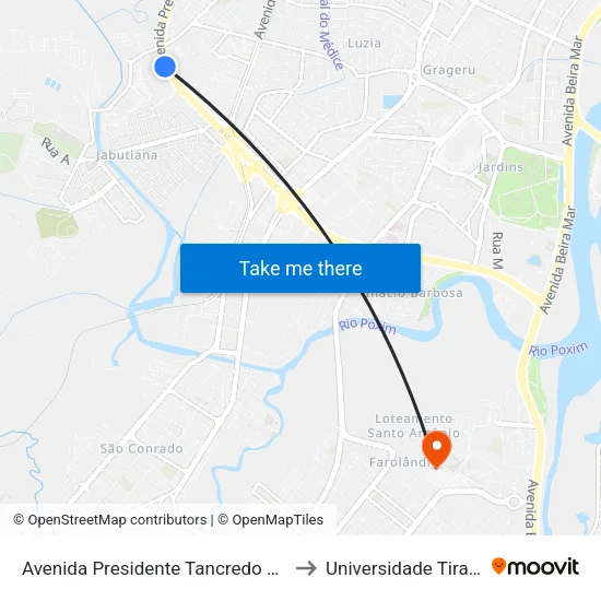 Avenida Presidente Tancredo Neves, 105 to Universidade Tiradentes map