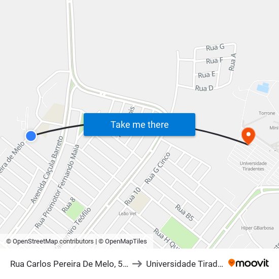 Rua Carlos Pereira De Melo, 593-683 to Universidade Tiradentes map