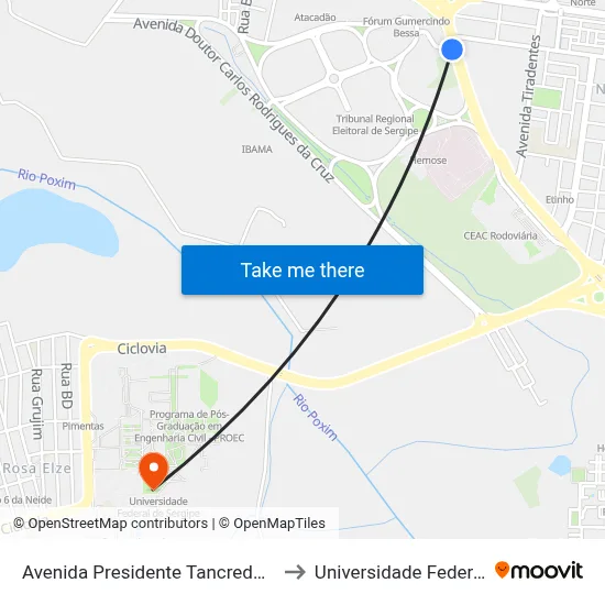 Avenida Presidente Tancredo Neves, 7601-7797 to Universidade Federal De Sergipe map