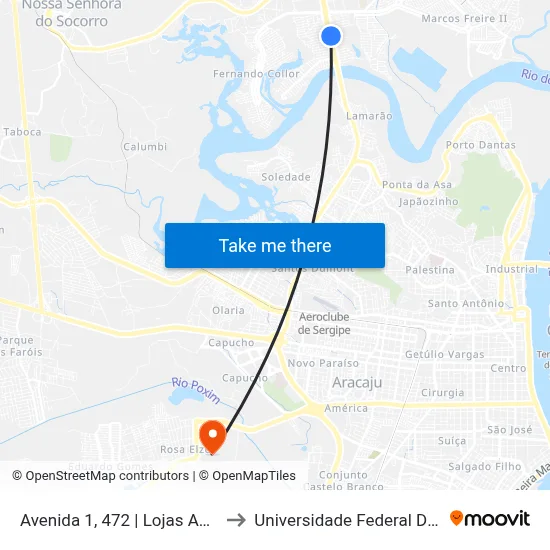 Avenida 1, 472 | Lojas Americanas to Universidade Federal De Sergipe map