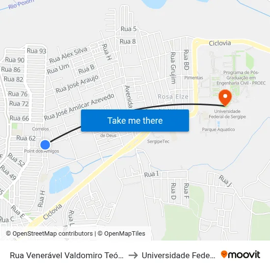 Rua Venerável Valdomiro Teófilo Dos Santos, 756 to Universidade Federal De Sergipe map