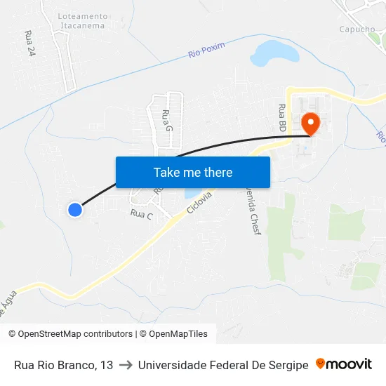 Rua Rio Branco, 13 to Universidade Federal De Sergipe map