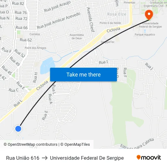 Rua União 616 to Universidade Federal De Sergipe map