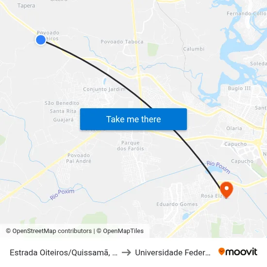 Estrada Oiteiros/Quissamã, Sentido Oiteiros to Universidade Federal De Sergipe map