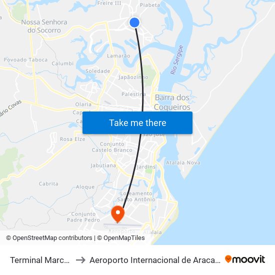 Terminal Marcos Freire to Aeroporto Internacional de Aracaju - Santa Maria map