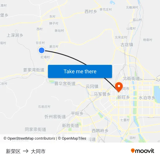 新荣区 to 大同市 map