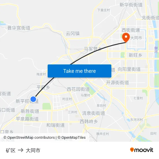 矿区 to 大同市 map