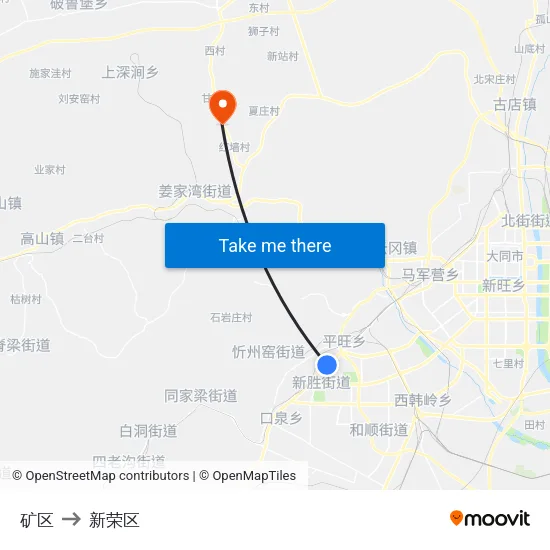 矿区 to 新荣区 map