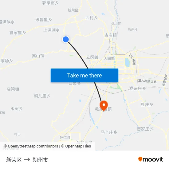 新荣区 to 朔州市 map