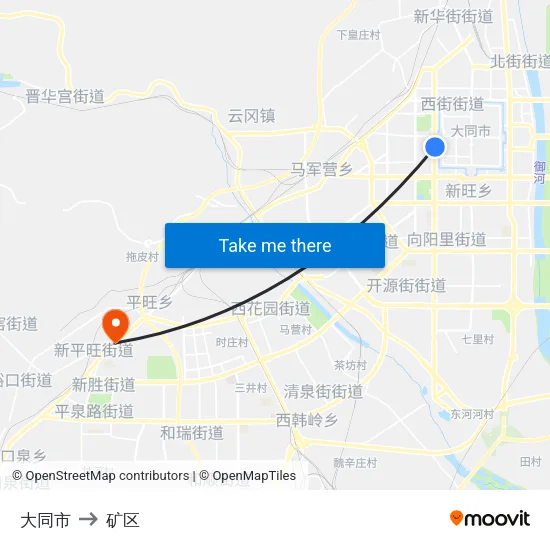 大同市 to 矿区 map