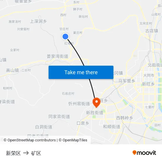 新荣区 to 矿区 map