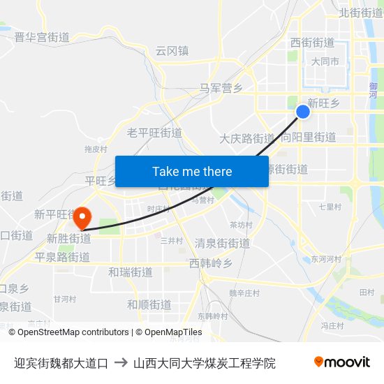 迎宾街魏都大道口 to 山西大同大学煤炭工程学院 map