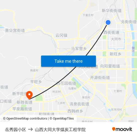 岳秀园小区 to 山西大同大学煤炭工程学院 map