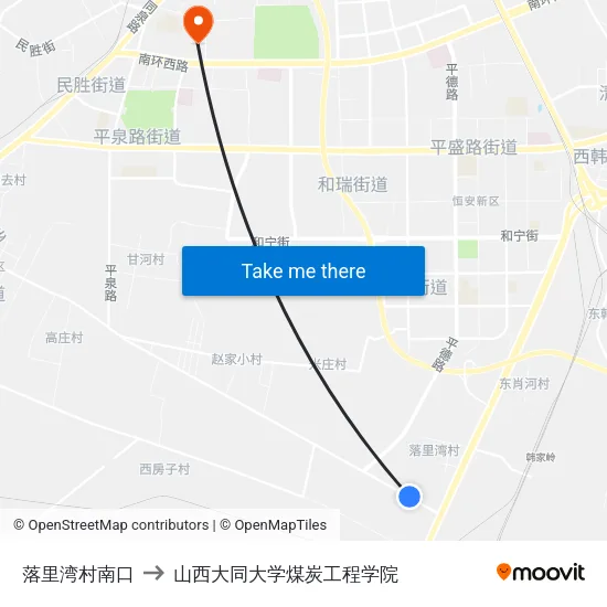 落里湾村南口 to 山西大同大学煤炭工程学院 map
