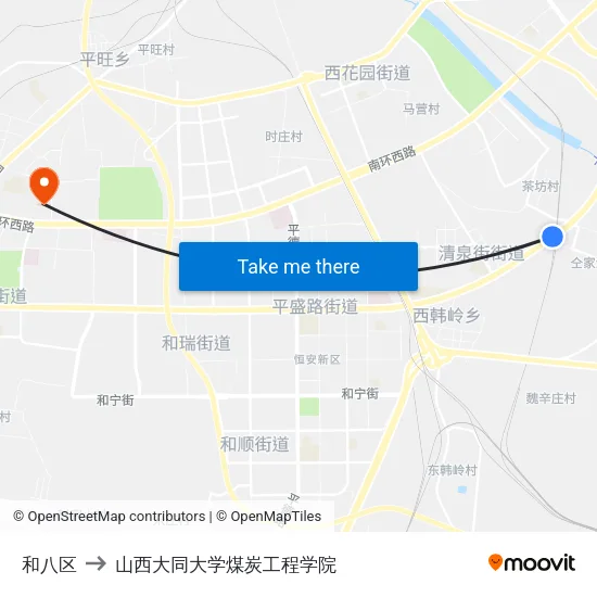 和八区 to 山西大同大学煤炭工程学院 map