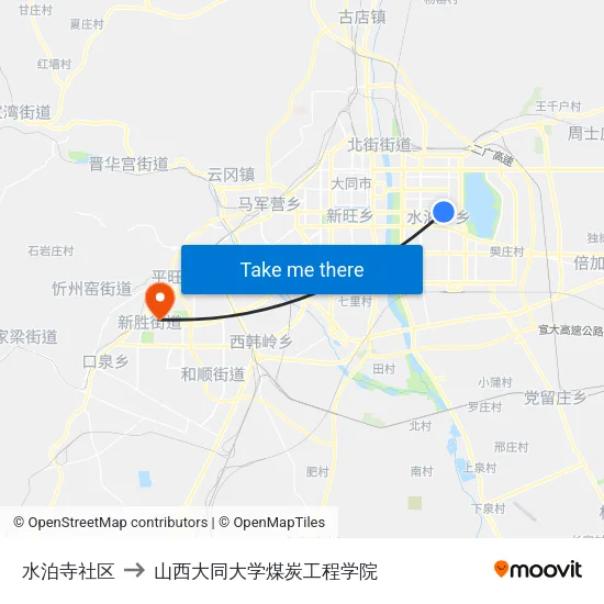 水泊寺社区 to 山西大同大学煤炭工程学院 map
