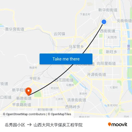 岳秀园小区 to 山西大同大学煤炭工程学院 map