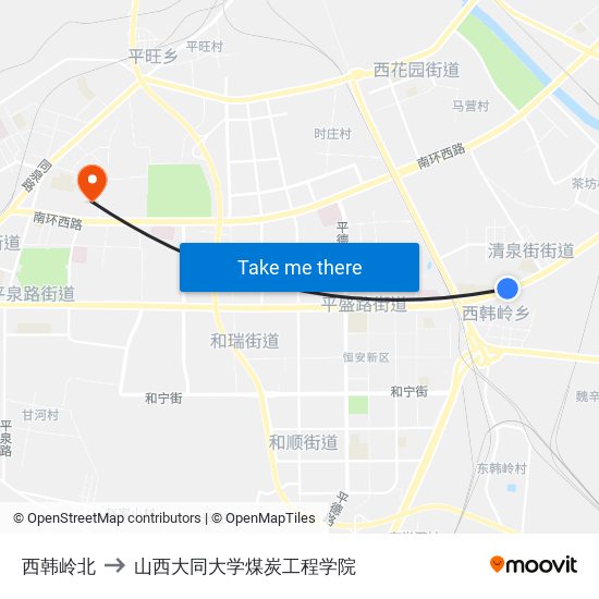 西韩岭北 to 山西大同大学煤炭工程学院 map