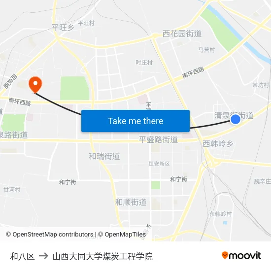 和八区 to 山西大同大学煤炭工程学院 map