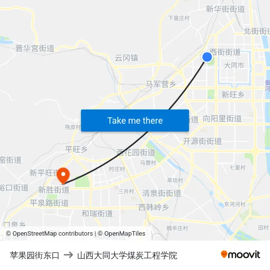 苹果园街东口 to 山西大同大学煤炭工程学院 map