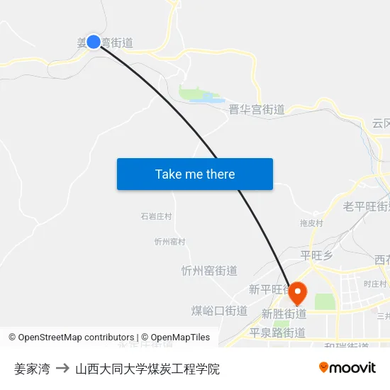 姜家湾 to 山西大同大学煤炭工程学院 map