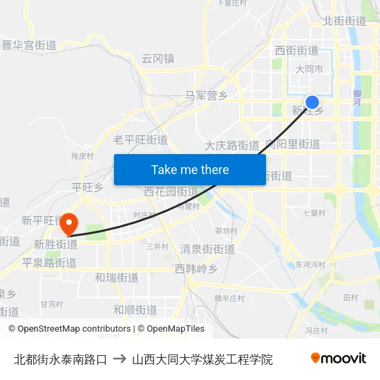 北都街永泰南路口 to 山西大同大学煤炭工程学院 map